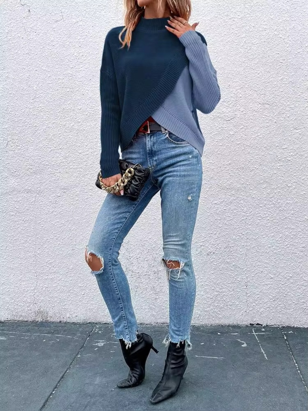 Split-Front Contrast Mock Neck Sweater - Picture 8 of 11
